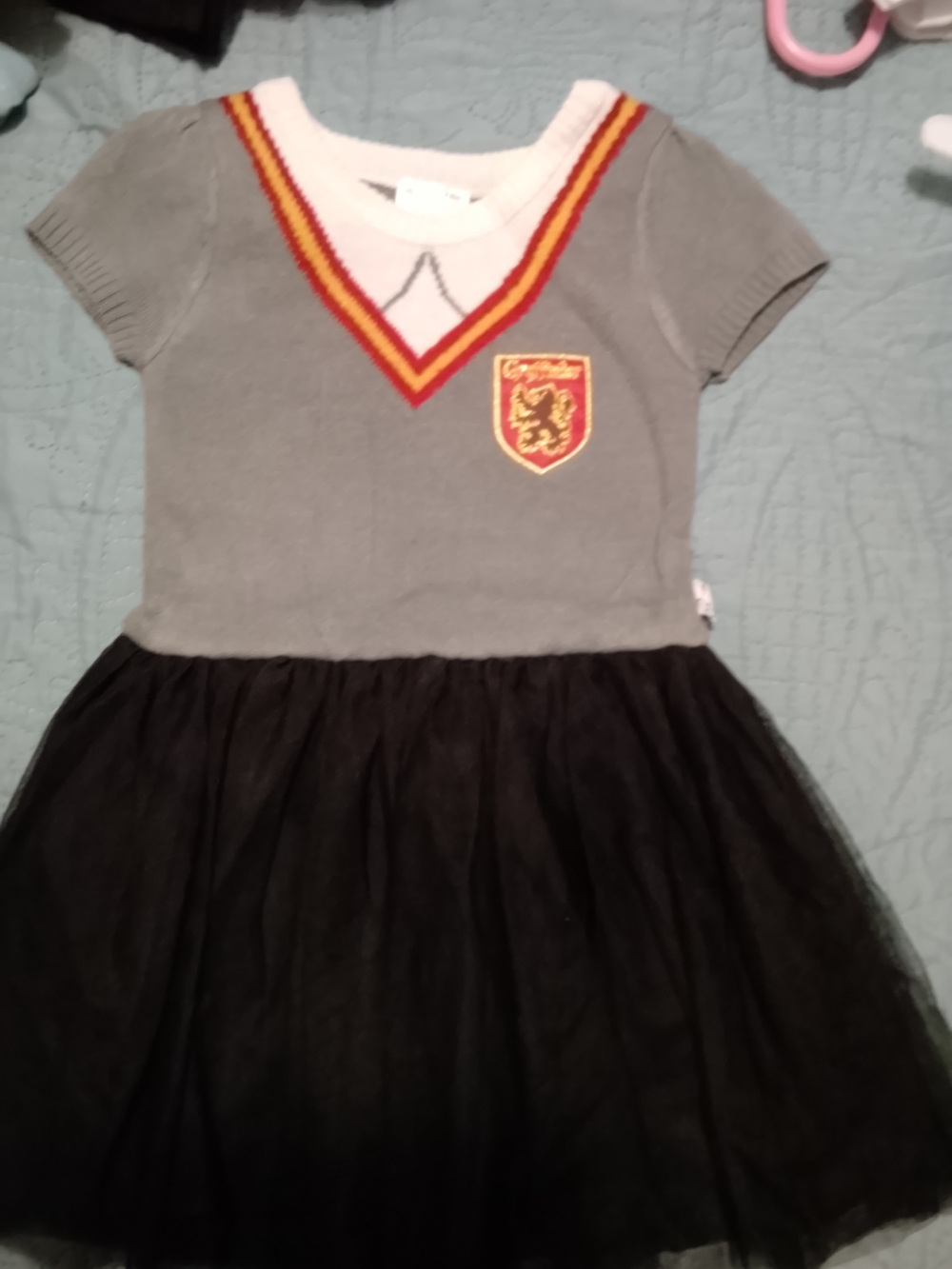 Gray and Black Kids' Short-Sleeve Tulle Harry Potter Dress w/ Embroidered Crest